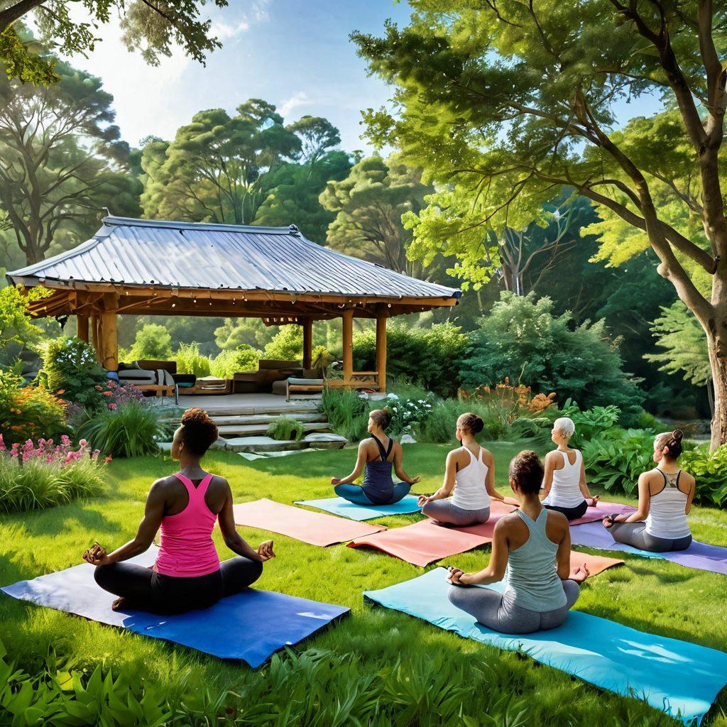 A serene and hopeful landscape featuring a diverse group of cancer patients engaging in various wellness activities, such as yoga and meditation, surrounded by lush nature. Include elements like a colorful wellness center in the background, symbols of innovative treatments like DNA strands, and healing herbs. The atmosphere should radiate positivity and support, showcasing unity and resilience. vibrant colors. super-realistic.