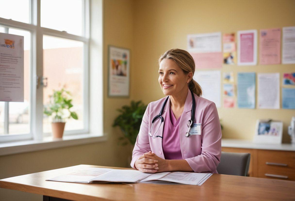 A compassionate healthcare professional speaking with a diverse group of patients in a warm, inviting clinic. Include visuals of informative brochures about cancer awareness on a table, bright natural light filtering through large windows, and a wall adorned with inspirational quotes about hope and resilience. In the background, display subtle medical equipment to symbolize treatment options. soft-focus, vibrant colors, warm tones.